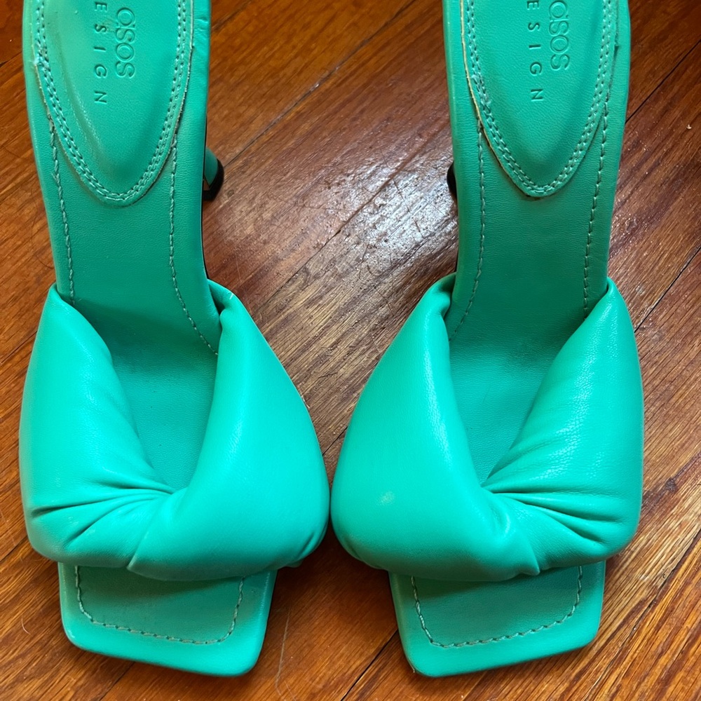 ASOS DESIGN Niki padded twist high heeled mules in green OUT OF STOCK ON SITE